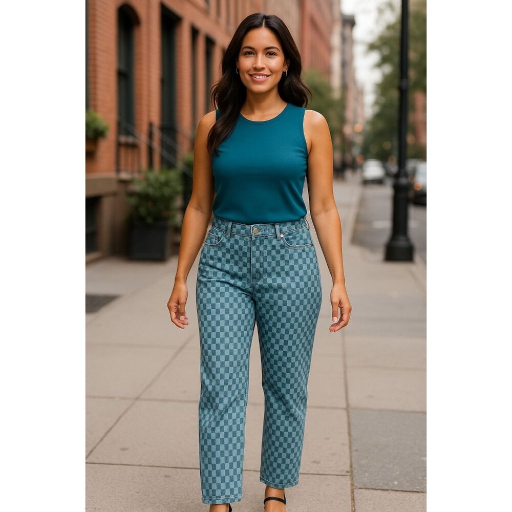 Future Collective Womens Blue Plaid Jean Pants 5-pocket Straight Mid-rise Size 0